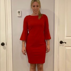 Red Frilled Long Sleeve Shift Style Dress
